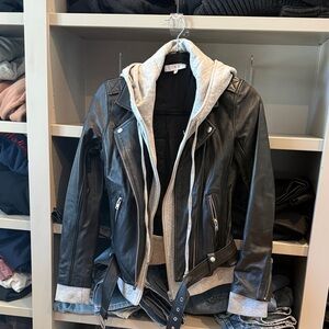 IRO Black Leather Jacket with Gray Hoodie